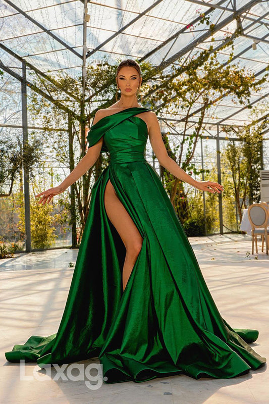 12735 - Green One Shoulder High Slit Prom Evening Dress
