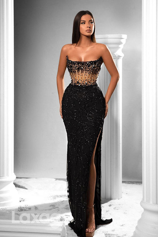 12788 - Strapless Sheer Beaded Pleats Prom Evening Dress With Side Split