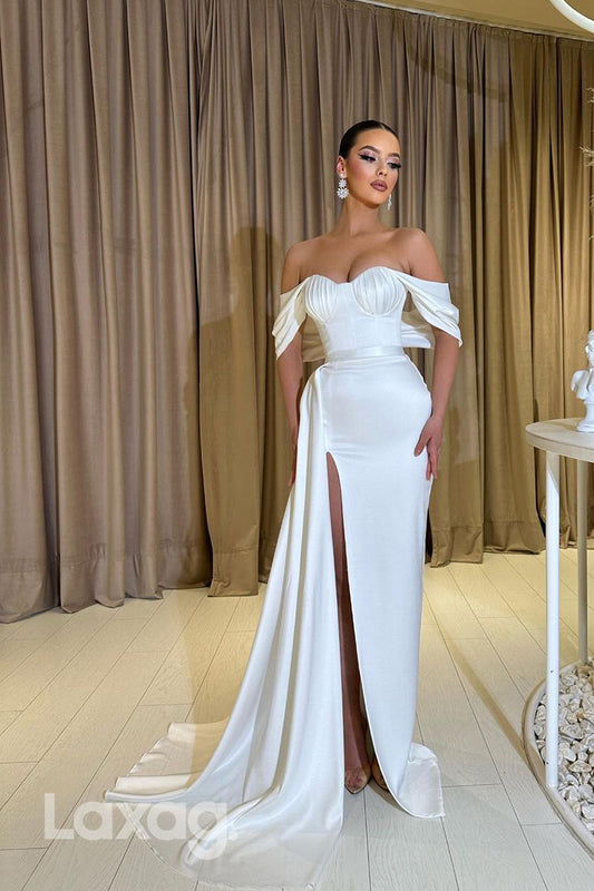 12799 - White Off-Shoulder Ruched Sashes Split Prom Evening Dress