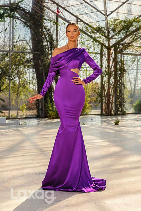 13719 - Purple One Shoulder Long Sleeves Mermaid Evening Dress