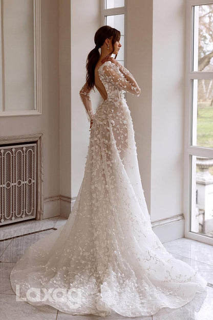 12504 - Elegant V-Neck Sheer Tulle Appliques Open Back Wedding Dress With Split