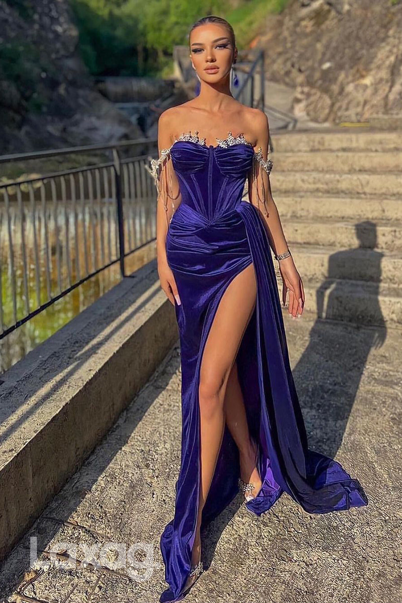 14757 - Off Shoulder Asymmetrical Prom Evening Gown With Side Slit