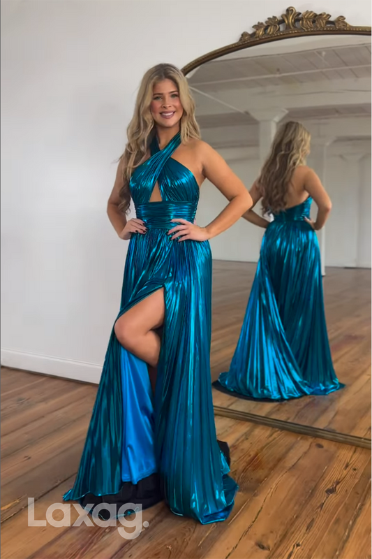 21944 - Chic Halter Ruched Long Blue Formal Prom Dress with Slit