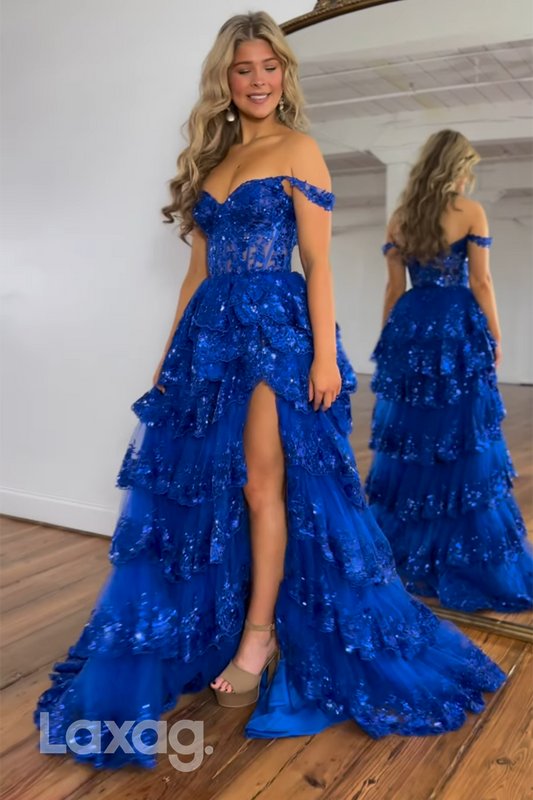 21945 - Off Shoulder Sequins Tiered Long Prom Party Dress with Slit