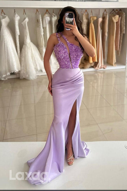14719 -  Unique One Shoulder Ruched Long Mermaid Formal Prom Dress with Slit