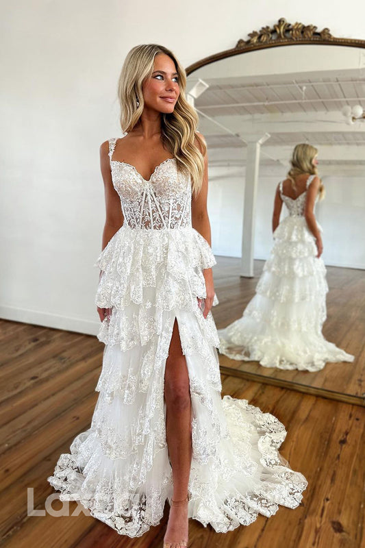 21920 - Sweetheart Lace Appliques Tiered Long Prom Formal Dress with Slit