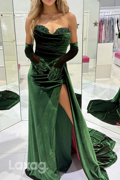 16738 - Sheath/Column Sweetheart Lace Velvet Formal Prom Dress with Slit