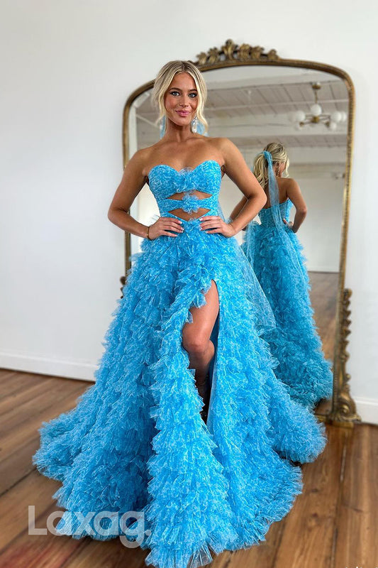 21956 - A Line Sweetheart Ruffles Blue Long Formal Prom Dress with Slit