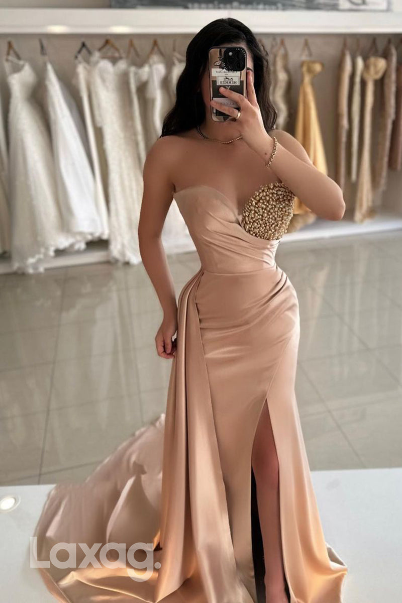 14755 - Mermaid/Trumpet Pearls Ruched Long Semi Formal Prom Dress with Slit