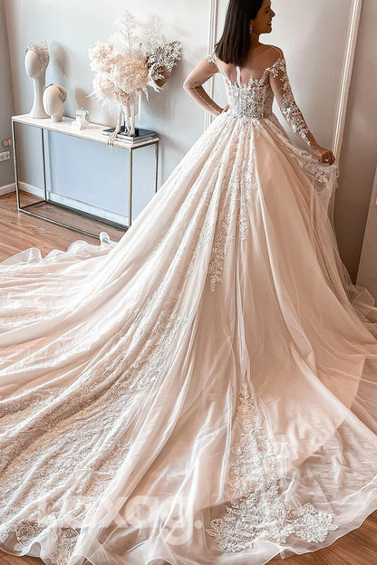 14541 - Illusion Neckline Lace Applique Long Sleeves Rustic Wedding Dress|LAXAG