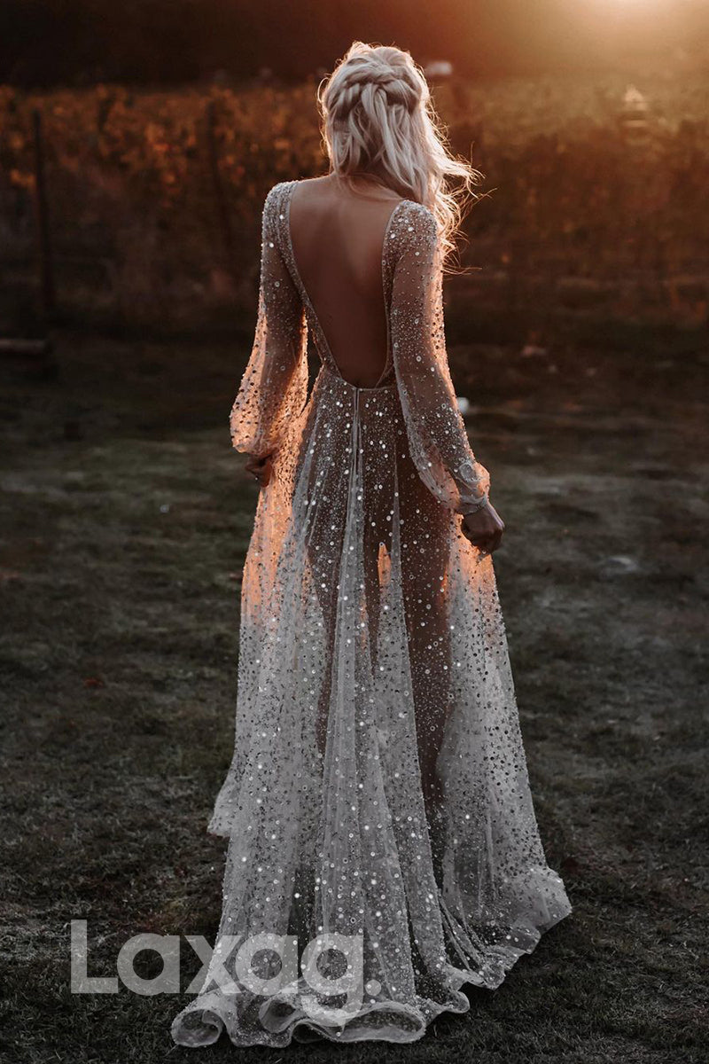 14568 - Sexy V-Neck Sequin Long Sleeves Sparkly Bohemian Wedding Dress Backless|LAXAG