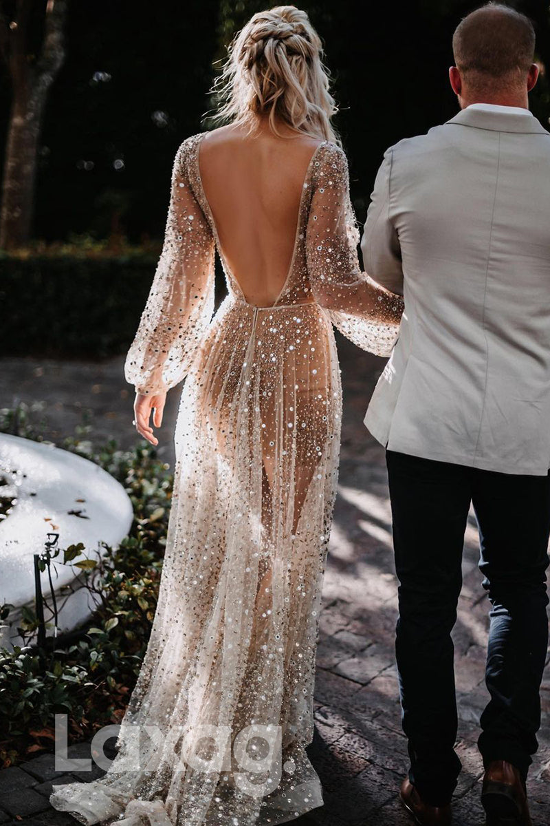 14568 - Sexy V-Neck Sequin Long Sleeves Sparkly Bohemian Wedding Dress Backless|LAXAG