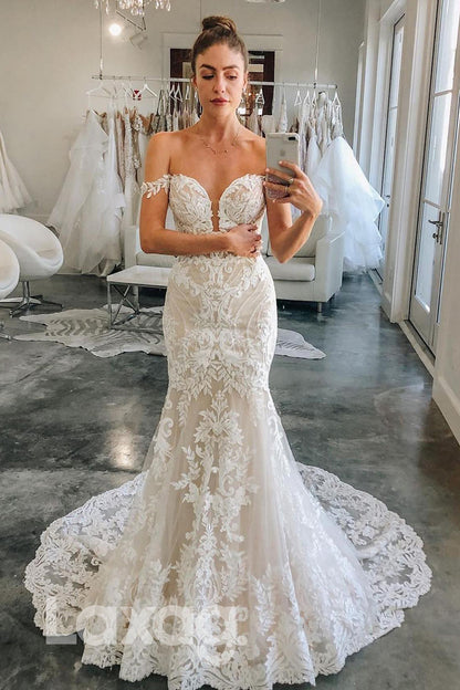 15588 -_Off Shoulder Plunging Neck Lace Mermaid Wedding Bridal Gown