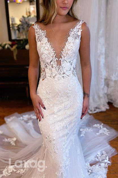 15631 - Low V-Neck Lace Appliqued Sparkly Backless Mermaid Wedding Dress
