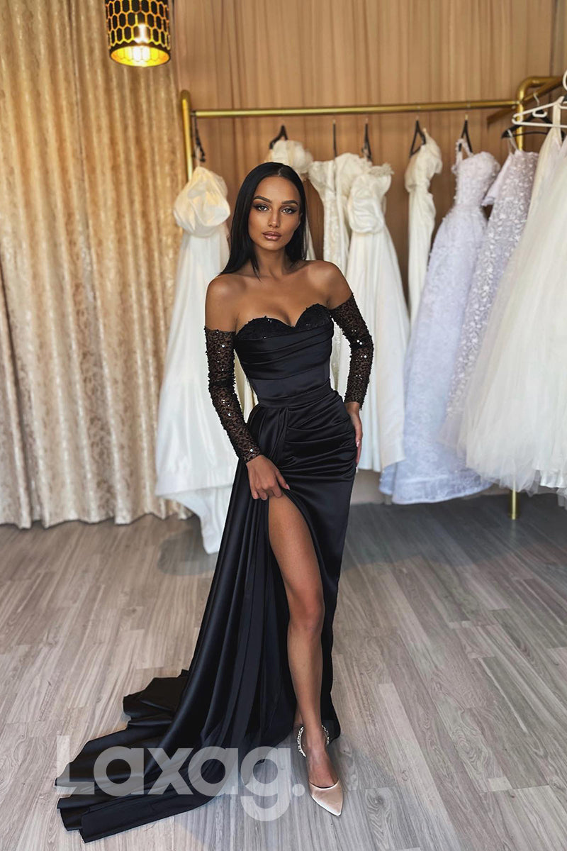 16750 - Sequins Sweetheart Long Sleeves Black Prom Dress