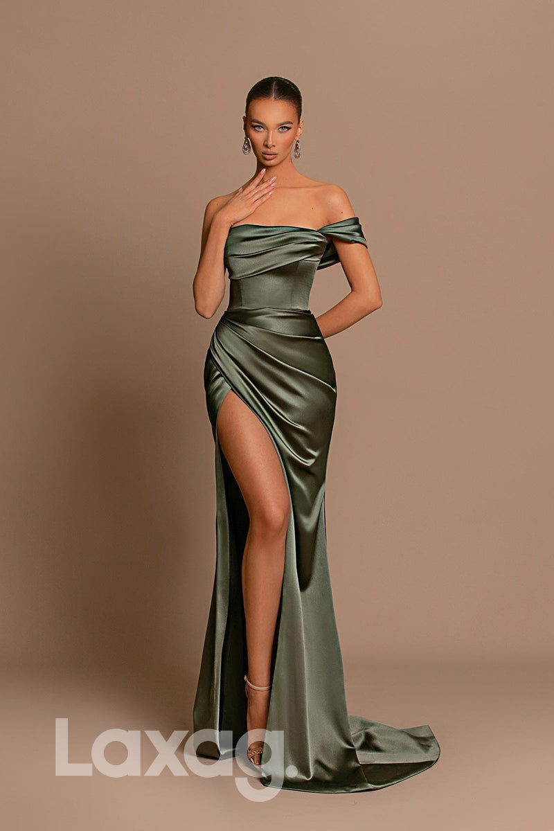 20781 - Off Shoulder Pleats Prom Party Dress with Slit