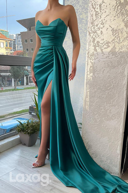 21711 - Strapless Ruched High Split Long Prom Evening Dress