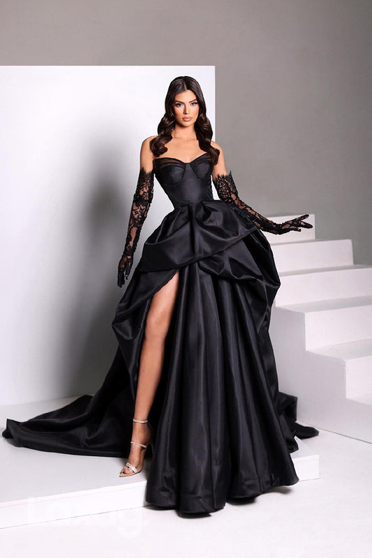 21793 - Sweetheart Thigh Slit Sheath Black Satin Prom Dress With Lace Gloves