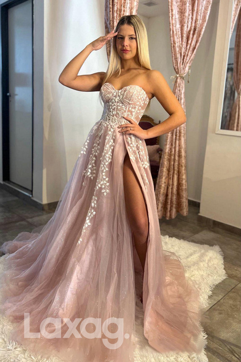 21801 - Sweetheart Lace Appliques Thigh Slit Prom Evening Dress