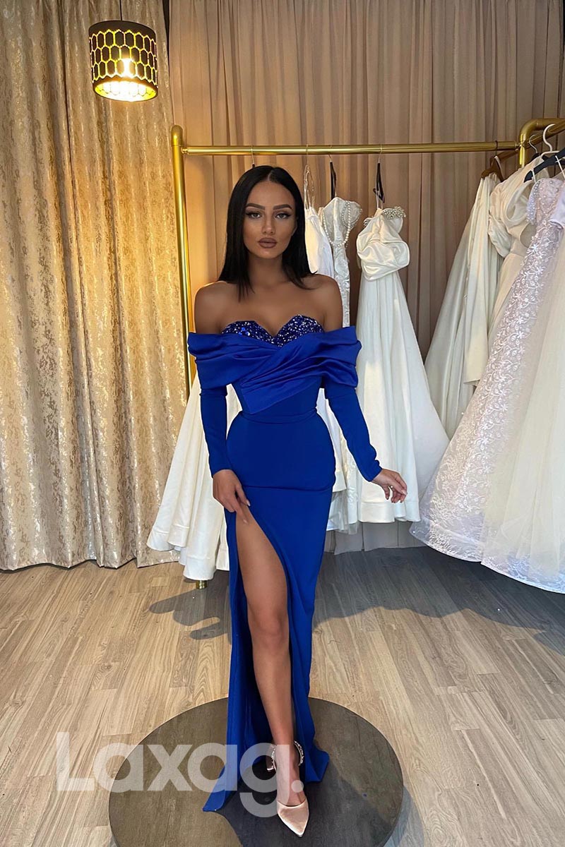 21849 - Royal Blue Thigh Slit Long Sleeves Sequins Prom Evening Dress