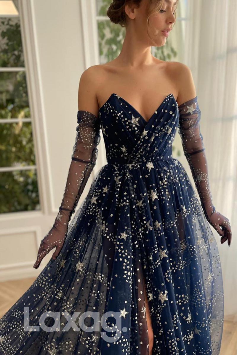 21868 - Navy Blue Star Sequins Slit Prom Evening Dress with Gloves
