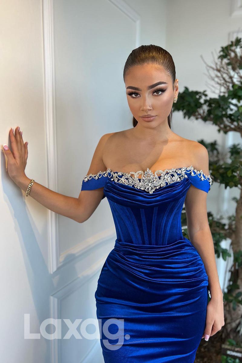 21878 - Off Shoulder Beads Blue Mermaid Prom Evening Dress with Gloves