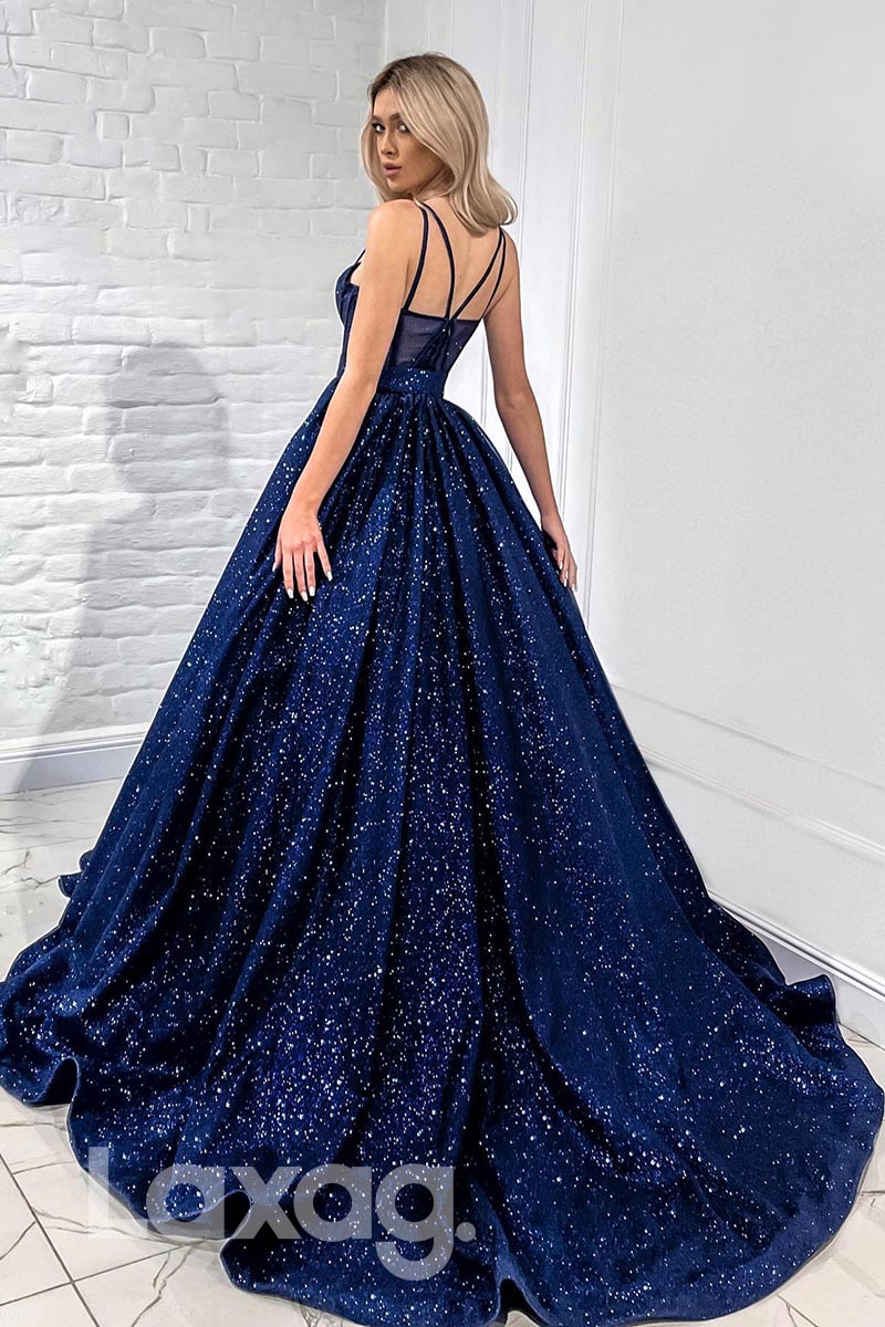 21882 - Straps Blue Glitter Ball Gown Prom Evening Dress