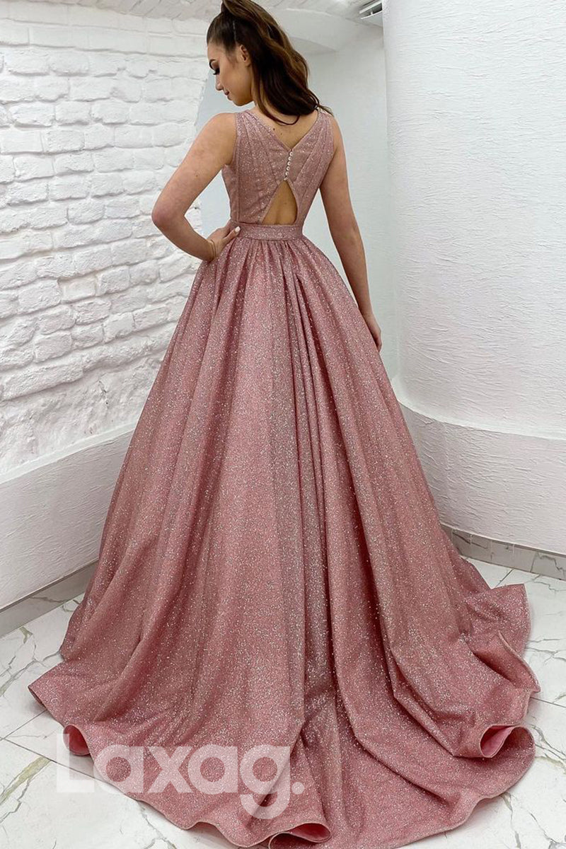 18797 - Plunging Deep V-neck Pink Sparkly Prom Dresses with Pockets|LAXAG