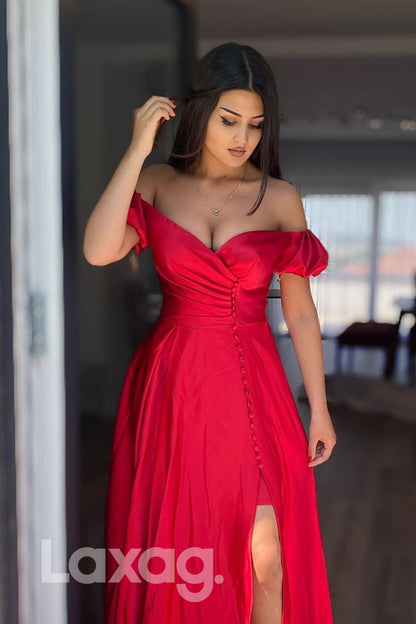 17770 - Off Shoulder Red Satin Long Prom Dress with Slit|LAXAG