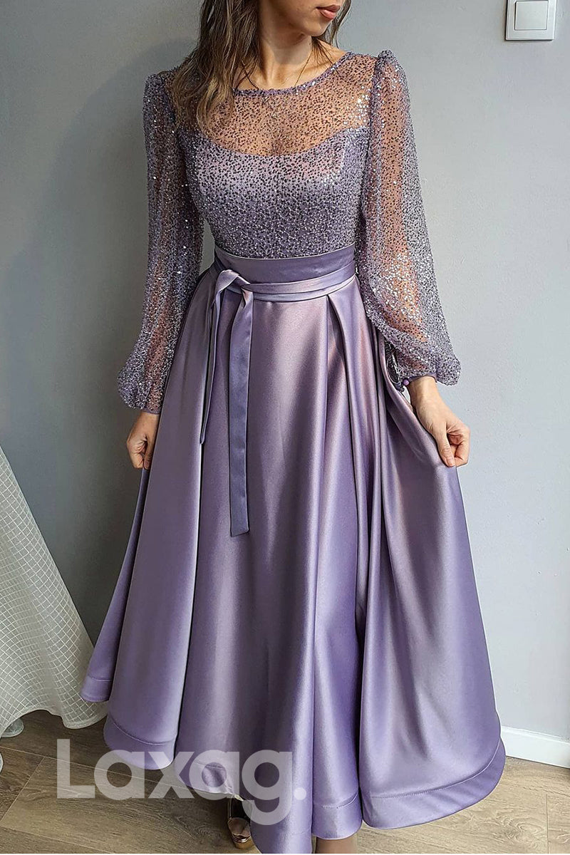 17783 - Scoop Sequins Long Sleeves A-line Long Formal Evening Dress|LAXAG
