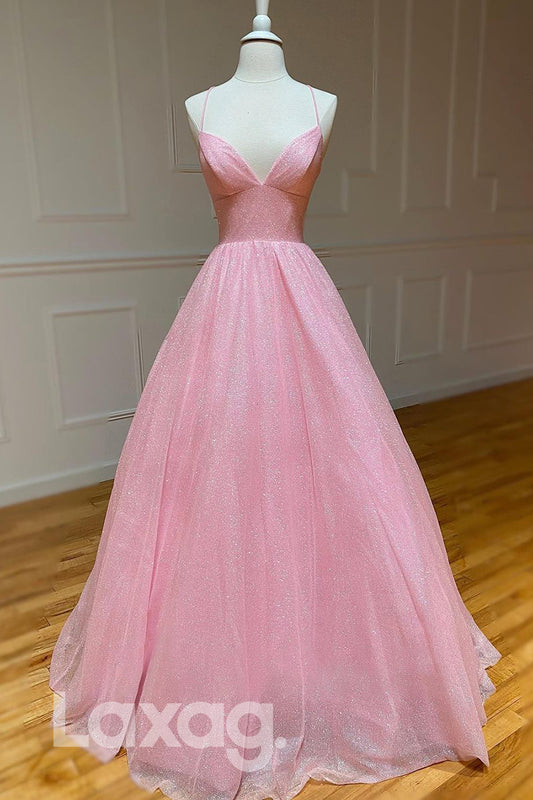 18770 - Women's Spaghetti Straps Pink Sparkly Prom Dress with Pockets|LAXAG