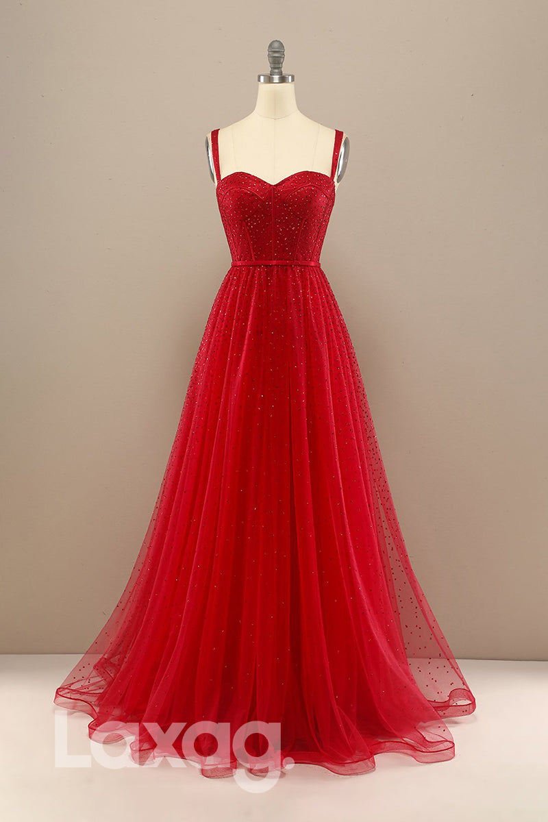 18775 - Women's Spaghetti Straps Red Tulle Beads Long Prom Dresses Glitter|LAXAG