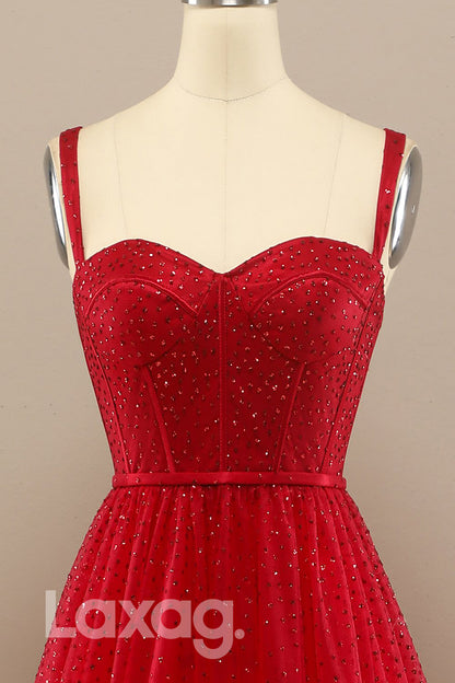 18775 - Women's Spaghetti Straps Red Tulle Beads Long Prom Dresses Glitter|LAXAG