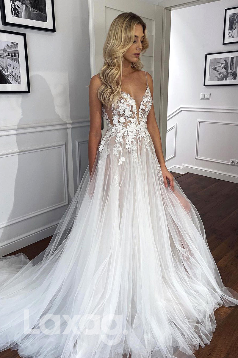 14590 - Women's Spaghetti Straps Lace Appliques Rustic Wedding Dress|LAXAG