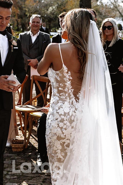 15503 - Spaghetti Appliqued Lace Beads Mermaid Bridal Wedding Gown