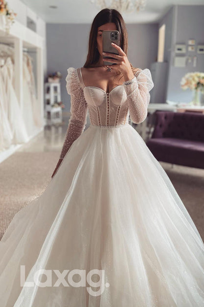 15510 -  A Line Glitter Sleeves Tulle Bridal Wedding Gown