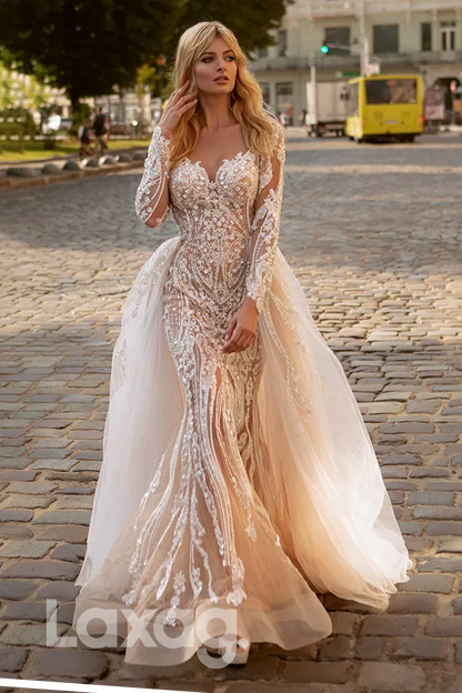 15551 - V Neck Illusion Sleeves Beaded Mermaid Wedding Dress With Overskirts