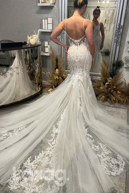 15528 - Spaghetti Beaded Lace Appliques Mermaid Bridal Gown