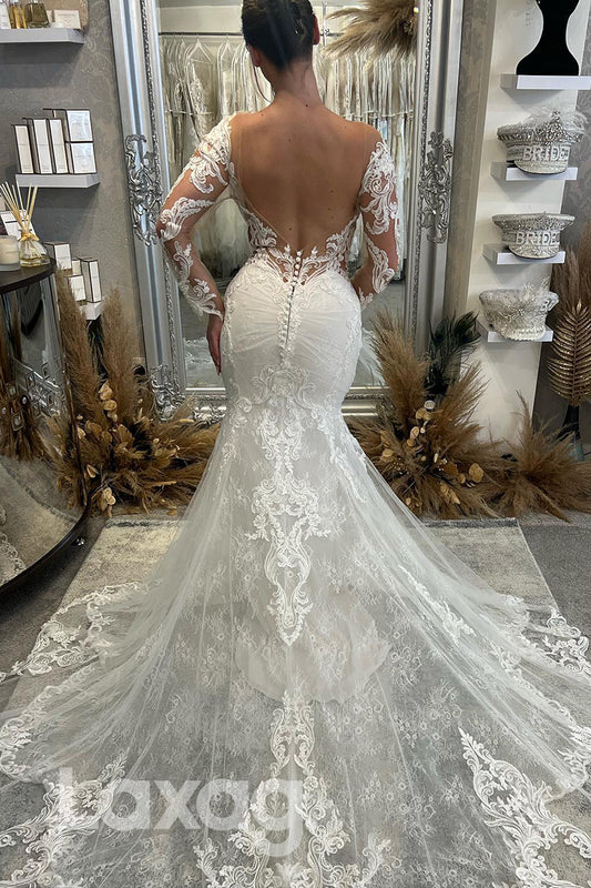 15534 - Plunging V Neck Appliques Sheer Sleeves Lace Mermaid Bridal Gown