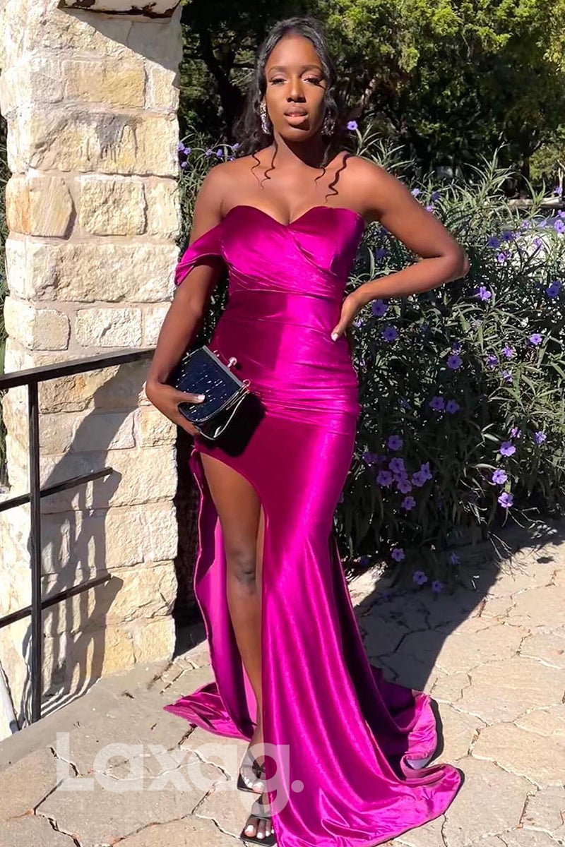 21798 - Off Shoulder Sleeveless Rosy Pink Thigh Slit Prom Dress