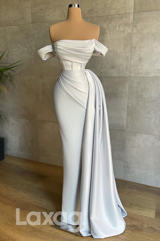 12714 - Off Shoulder Bone Waist Satin Prom Dress With Overskirt