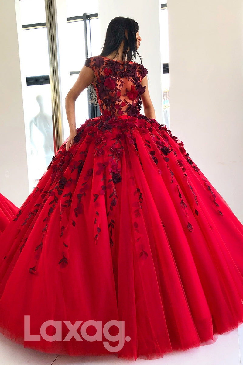 19742 - Ball Gown 3D Appliques Cap Sleeves Long Prom Dress|LAXAG